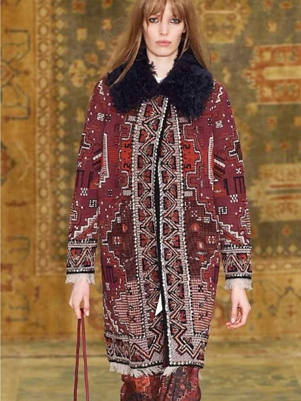 Tory Burch Burgundy Embroidered Coat with Black Faux Fur Collar